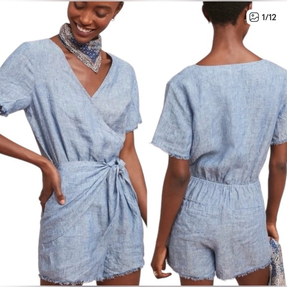Sanctuary Pants - Anthropologie x Sanctuary Montana Blue Linen Wrap Romper